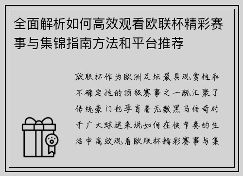 全面解析如何高效观看欧联杯精彩赛事与集锦指南方法和平台推荐